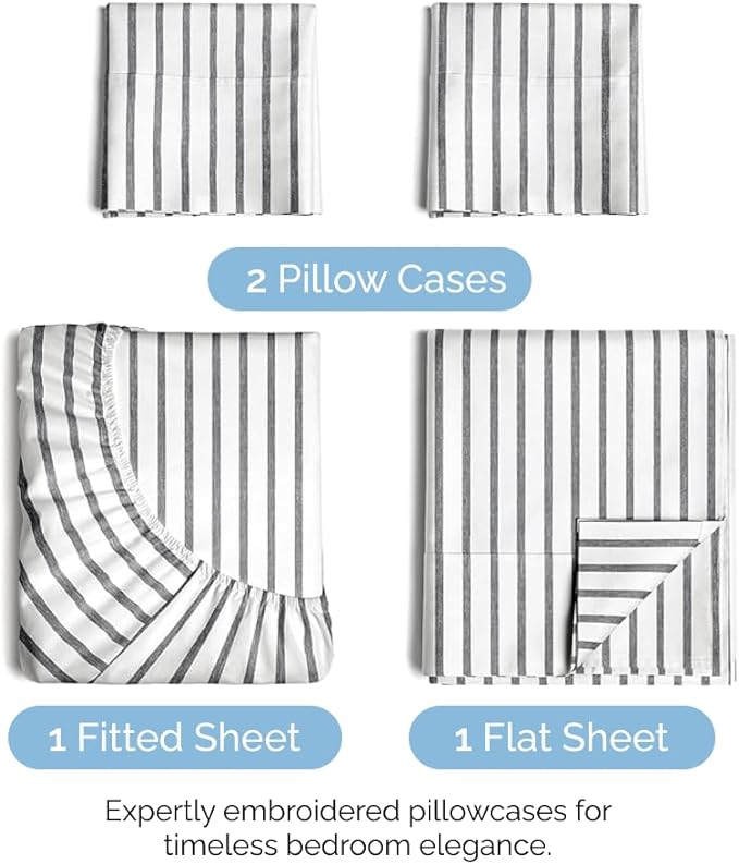 Cal King Size 4 Piece Sheet Set - Comfy Breathable & Cooling Sheets - Hotel Luxury Bed Sheets for Women & Men - Deep Pockets, Easy-Fit, Soft & Wrinkle Free Sheets - Grey Stripes Oeko-Tex Bed Sheet Set - LeafyLoom