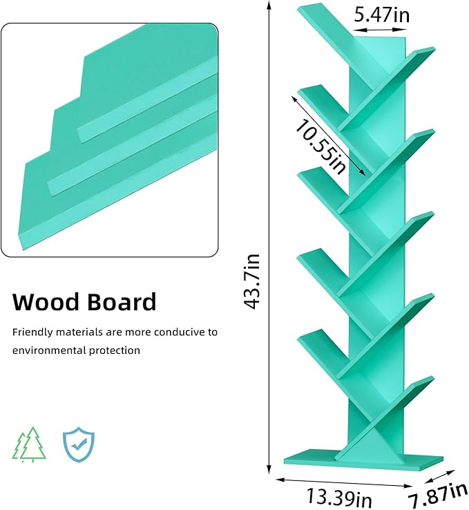 10 Tier Tree Book Shelf, Floor Standing Wood Bookshelf for Narrow Space, Storage Organizer Bookshelves for Books/CDs/Magazine, Bookcase with Shelves for Home Office, Living Room - Green - LeafyLoom