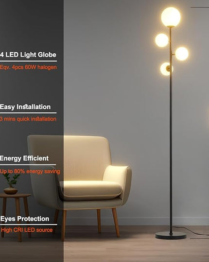 4 Globe Modern Floor Lamp, Mid Century Contemporary Black Standing Lamp with Frosted Orb Glass Shade & Warm White LED Bulbs, Tall Tree Lamp for Living Room, Bedroom, Office, Hotel - LeafyLoom
