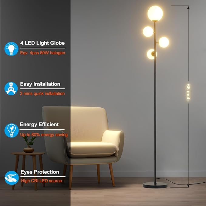 4 Globe Modern Floor Lamp, Mid Century Contemporary Black Standing Lamp with Frosted Orb Glass Shade & Warm White LED Bulbs, Tall Tree Lamp for Living Room, Bedroom, Office, Hotel - LeafyLoom