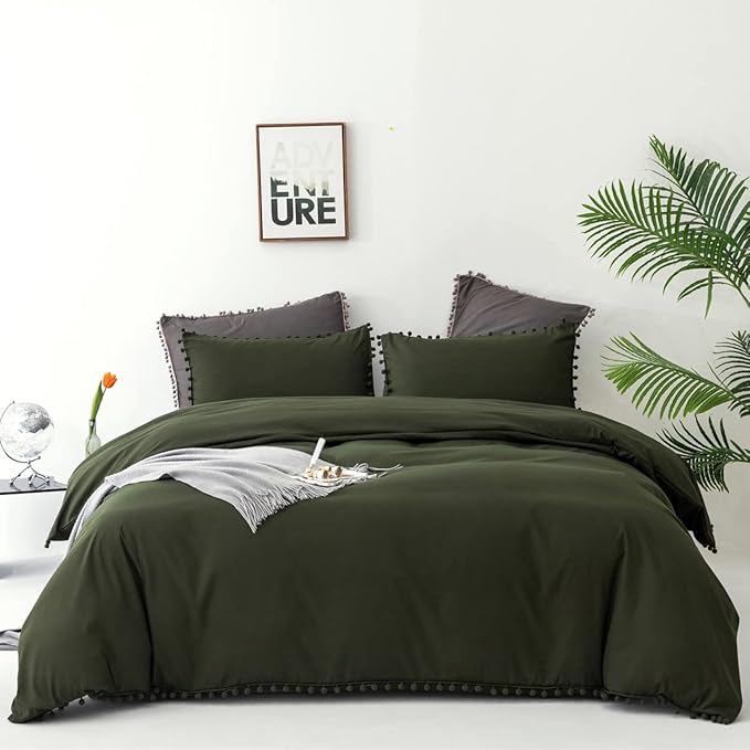 Army Green Comforter Full Dark Green Pom Green Comforter 3 PCs Soft Olive Green Boho Ball Pom Fringe Full Comforter Bedding Set Women Solid Dark Green Full Bed Comforter All Season - LeafyLoom
