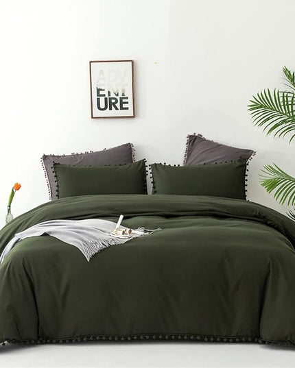 Army Green Comforter Cal King Dark Green Pom Green Comforter 3 PCs Soft Olive Green Boho Ball Pom Fringe California King Comforter Bedding Set Women Solid Dark Green Bed Comforter All Season - LeafyLoom