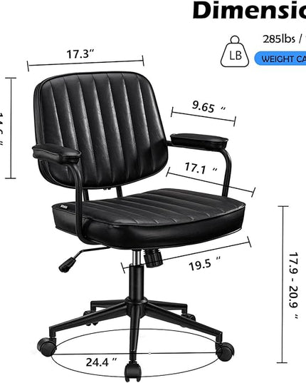 Artswish Mid Century Office Chair, Black Leather Desk Chair with Wheels and Arms, Adjustable Seat Height and Backrest, Suitable for Home or Office Use - LeafyLoom