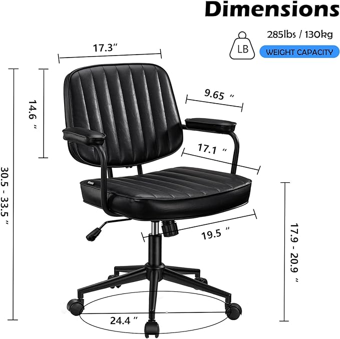 Artswish Mid Century Office Chair, Black Leather Desk Chair with Wheels and Arms, Adjustable Seat Height and Backrest, Suitable for Home or Office Use - LeafyLoom