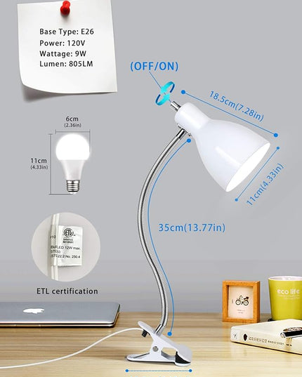 Desk lamp Eye-Caring Table Lamps, 360°Rotation Gooseneck Clip on Lamp Reading Light Portable Reading Book Light, Clamp Light, Study Desk Lamps for Bedroom and Office Home Lighting (White) - LeafyLoom