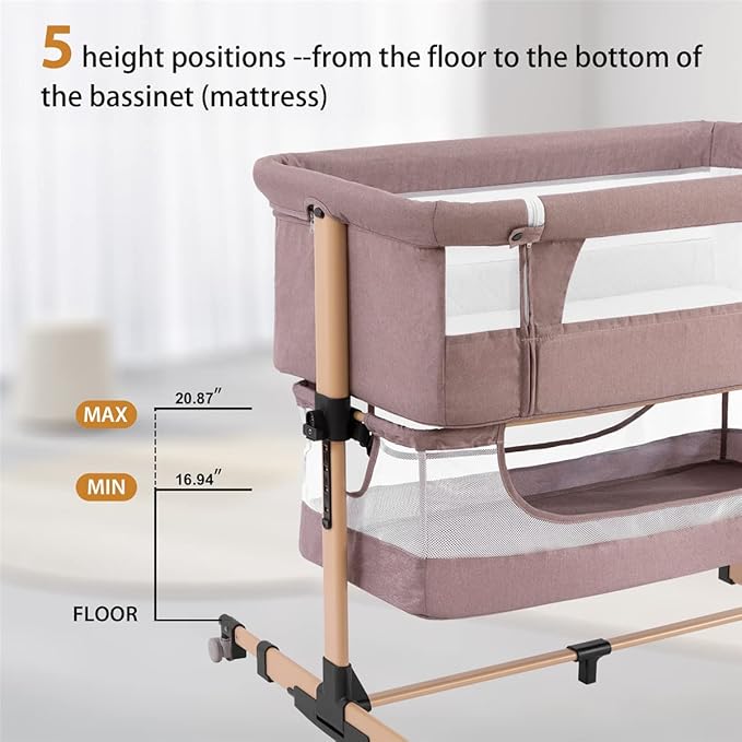 Baby Crib,3 in 1 Baby Bassinet Bedside Crib Adjustable Portable Bed for Infant,Baby Newborn Must Have Bed,Khaki - LeafyLoom
