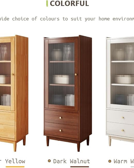 Wooden Glass Door Bookcase - 3-Tier Cube Bookshelf Storage Cabinet with Double Drawer and Adjustable Shelf, Solid Wood Legs Cupboard in Warm White - LeafyLoom