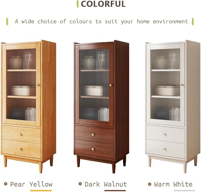 Wooden Glass Door Bookcase - 3-Tier Cube Bookshelf Storage Cabinet with Double Drawer and Adjustable Shelf, Solid Wood Legs Cupboard in Pear Yellow - LeafyLoom