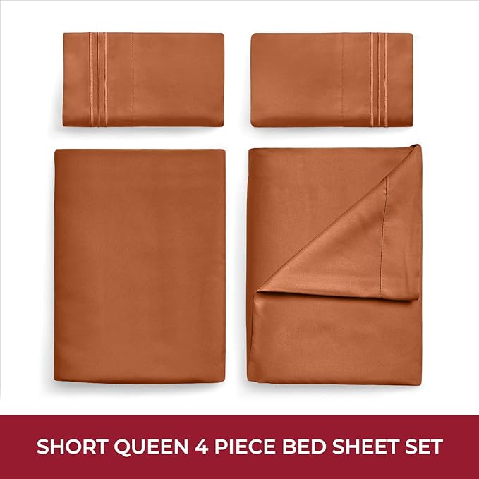 Mellanni RV Short Queen Sheets - 4 PC Iconic Collection Bedding Sheets & Pillowcases - Hotel Luxury, Extra Soft, Cooling Bed Sheets - Deep Pocket up to 10 inch (RV/Short Queen, Terracotta) - LeafyLoom