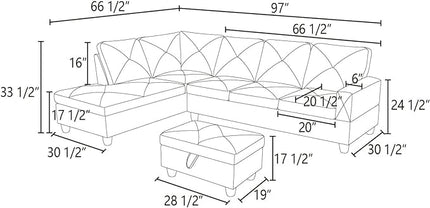 L-Shaped Sectional Couches with 66.5'' Chaise Lounge & Storage Ottoman Modular Room Sofas for Home Office Apartment, Large Living Furniture, 97'' Left Hand Facing, Red Flannelette - LeafyLoom