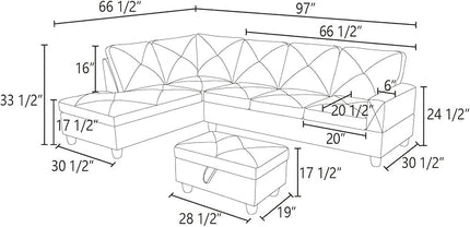 3-Piece L-Shaped Sectional Couches Lounge & Storage, 97'' Modular Living Room Home Office, 3pcs 97'' Sofa+66.5'' Chaise+28.5'' Ottoman(Left), Brown Faux Leather - LeafyLoom