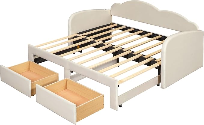 Twin Size Velvet Upholstered Daybed with Cloud-Shaped Backrest and Trundle,Wooden Storage Bed Frame W/Drawers & USB Ports,Convert to King-Size Bed,for Living Room Apartment Beige - LeafyLoom