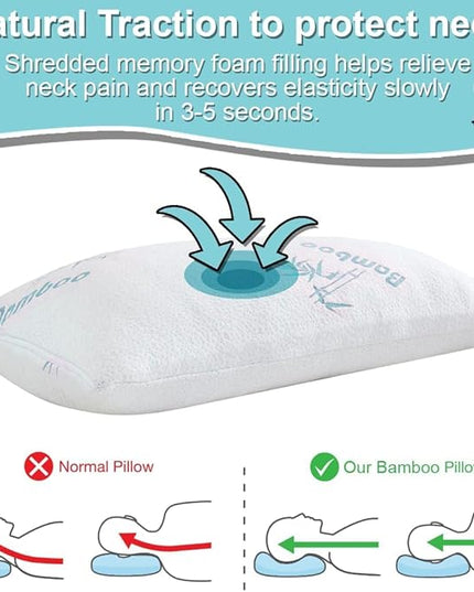 Cooling Rayon Of Bamboo Pillows Queen Size for Sleeping, +1 Extra Pillow Case, Shredded Adjustable Memory Foam Washable Zippered Breathable Cover, Relieves Neck Pain for Back/Stomach/Side Sleeper - LeafyLoom