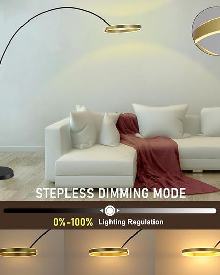 Contemporary 81" Tall LED Overreaching Sofa Arched Floor Lamp with Remote Control - Modern Standing Corner Light, Gold Metal Shade, Real Marble Base - Ideal for Bedrooms and Living Room Décor - LeafyLoom