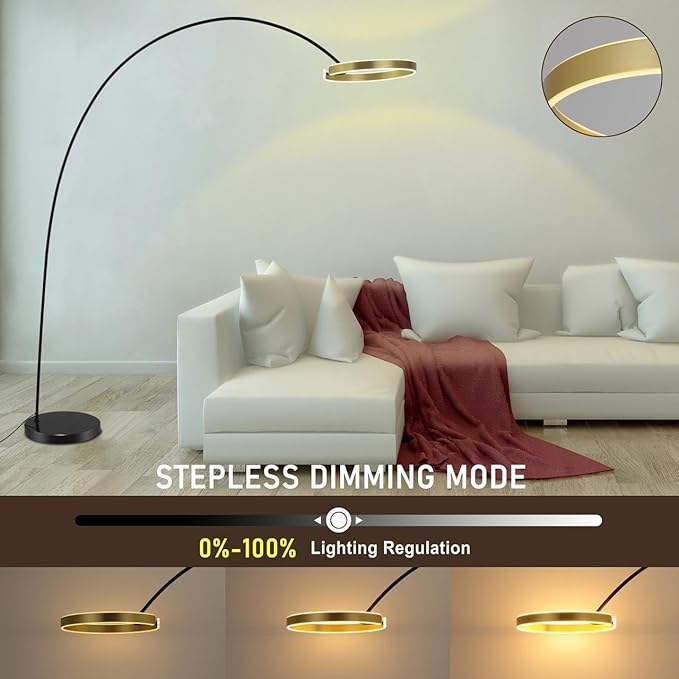 Contemporary 81" Tall LED Overreaching Sofa Arched Floor Lamp with Remote Control - Modern Standing Corner Light, Gold Metal Shade, Real Marble Base - Ideal for Bedrooms and Living Room Décor - LeafyLoom