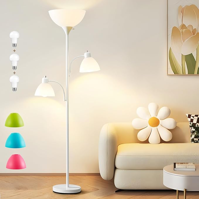 Luvkczc 3 Light Tree Floor Lamp, Floor Lamps for Living Room, Torchiere Floor Lamp with 5 Replace Lampshades, Modern Tall Lamps for Living Room, Bedroom, Office, 3 Bulbs included (8W) - LeafyLoom