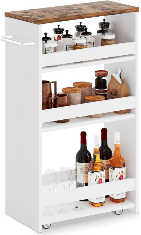 MARTY Rolling Storage Cart 7.9" W, 4-Tier White Kitchen Cart on Wheels, Slim Storage Cart with Handle for Laundry Narrow Places Bathroom Small Corner - LeafyLoom