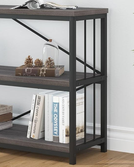 IBF Wood and Metal Book Shelf, Industrial Rustic Low 3 Tier Bookshelf, Farmhouse Long Wide Vintage Horizontal Bookcase, Modern Large Open Etagere for Home Office Living Room Bedroom, Gray Oak, 63 Inch - LeafyLoom