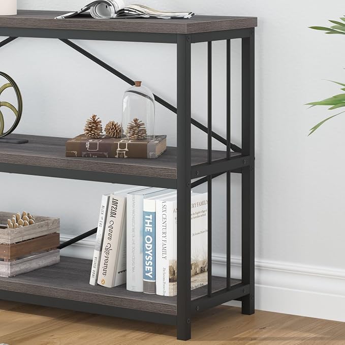 IBF Wood and Metal Book Shelf, Industrial Rustic Low 3 Tier Bookshelf, Farmhouse Long Wide Vintage Horizontal Bookcase, Modern Large Open Etagere for Home Office Living Room Bedroom, Gray Oak, 63 Inch - LeafyLoom