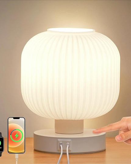 Touch Bedside Lamps,Table Lamps 3 Way Dimmable with USB C+A Charging Ports - Bedroom Nightstand & Living Room Essential, 9W Bulb Included - LeafyLoom