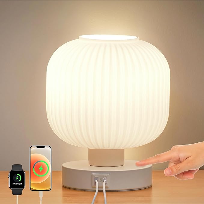 Touch Bedside Lamps,Table Lamps 3 Way Dimmable with USB C+A Charging Ports - Bedroom Nightstand & Living Room Essential, 9W Bulb Included - LeafyLoom