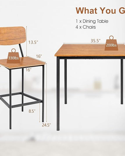 GOFLAME 5-Piece Dining Table Set for Small Space, Kitchen Table and Chairs Set for 4 with Steel Frame, Square Breakfast Table Set, Industrial Counter Height Table Set for Home, Restaurant & Cafe, Teak - LeafyLoom