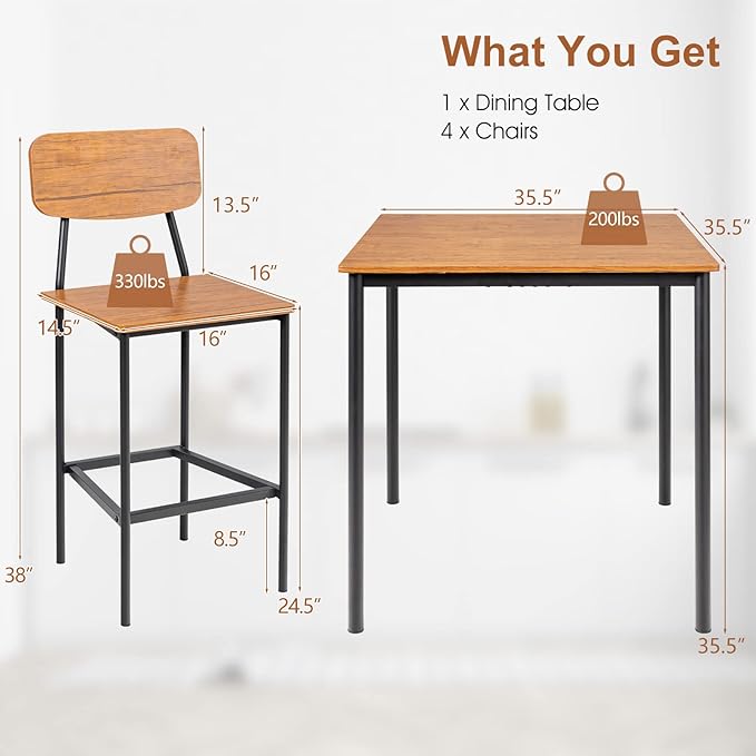 GOFLAME 5-Piece Dining Table Set for Small Space, Kitchen Table and Chairs Set for 4 with Steel Frame, Square Breakfast Table Set, Industrial Counter Height Table Set for Home, Restaurant & Cafe, Teak - LeafyLoom