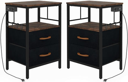 Nightstands set 2 for Bedroom Decor, Bedside Table with Charging Station, Night Stands with Fabric Drawers and Open Shelf, Side Table with USB Ports & Outlets (Rustic Brown,2) - LeafyLoom