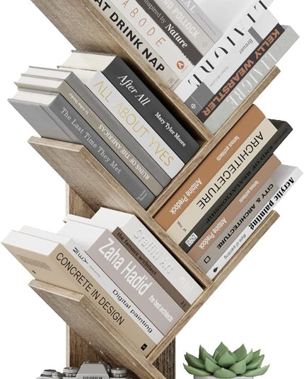 Tree Bookshelf, 5 -Tier Book Storage Organizer Shelves Floor Standing Bookcase, Wood Storage Rack for Office Home School Shelf Display for Cd/Magazine (French Oak Grey) - LeafyLoom