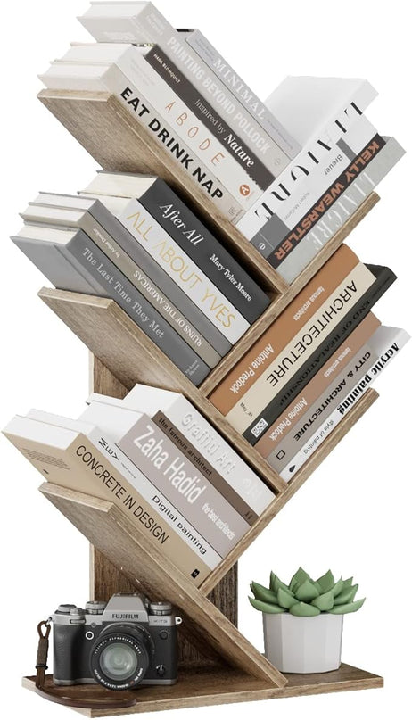 Tree Bookshelf, 5 -Tier Book Storage Organizer Shelves Floor Standing Bookcase, Wood Storage Rack for Office Home School Shelf Display for Cd/Magazine (French Oak Grey) - LeafyLoom