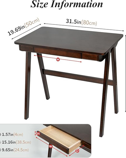 Computer Desk with Drawers, Solid Wood Writing Desk, Mid Century Modern Home Office Desks, Oak Study Table, Small Desk for Bedroom, 29.1 H x 31.5 W x 19.7 D Inches, Walnut - LeafyLoom