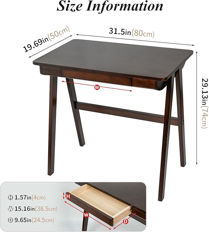 Computer Desk with Drawers, Solid Wood Writing Desk, Mid Century Modern Home Office Desks, Oak Study Table, Small Desk for Bedroom, 29.1 H x 31.5 W x 19.7 D Inches, Walnut - LeafyLoom