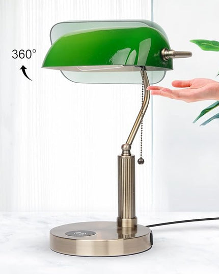 FIRVRE Bankers Lamp with2 USB and Wireless Charging Port，Pull Chain Switch Green Glass Desk Lamp， E26 Base,Traditional Library Desk Lamps for Home Office,Bedroom,Piano - LeafyLoom
