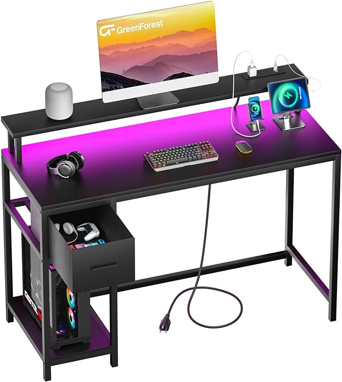GreenForest Computer Desk with Drawers 47 inch,Gaming Desk with LED Lights & Power Outlets Small Desk with Monitor Stand and Reversible Shelf,Black - LeafyLoom