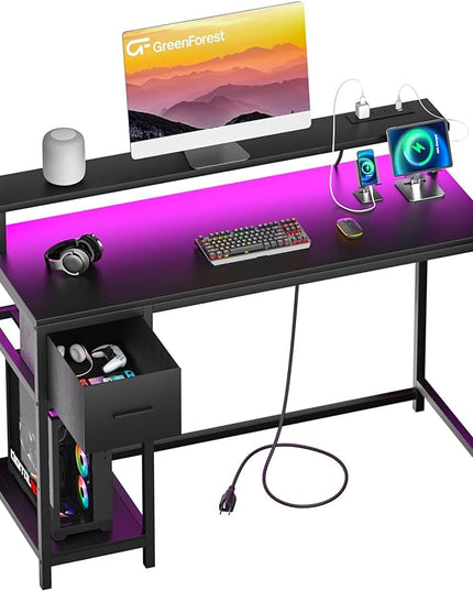GreenForest Computer Desk with Drawers 39 inch,Gaming Desk with LED Lights & Power Outlets Small Desk with Monitor Stand and Reversible Shelf,Black - LeafyLoom