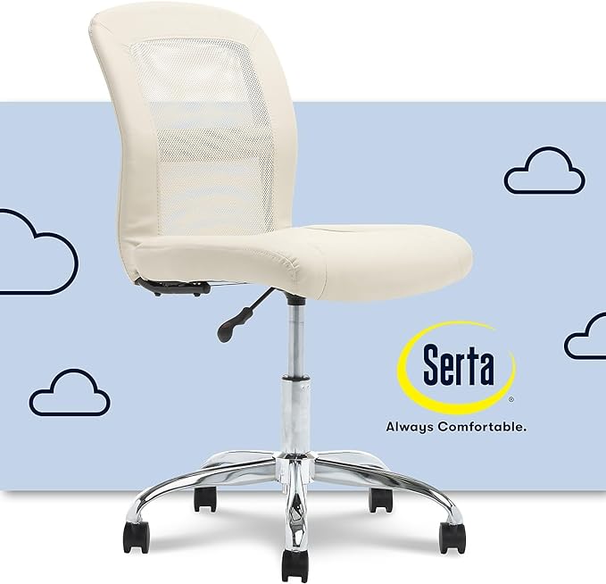 Serta Essential Armless Desk Chair Small TaskChair with Wheels, Breathable Mesh Back, SertaQuality Foam Cushion Seat for Comfort, Functional, Lightweight and Versatile, Task, Cream White - LeafyLoom
