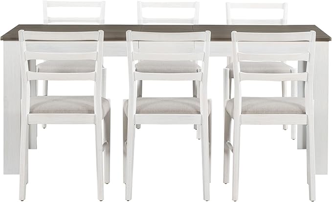 7-Piece Modernization Extendable Dining, Mutifunctional Wooden Kitchen Table Set with 12" Leaf and 2 Drawers, 6 Chairs with Soft Cushion, Brown + White, Onesize - LeafyLoom