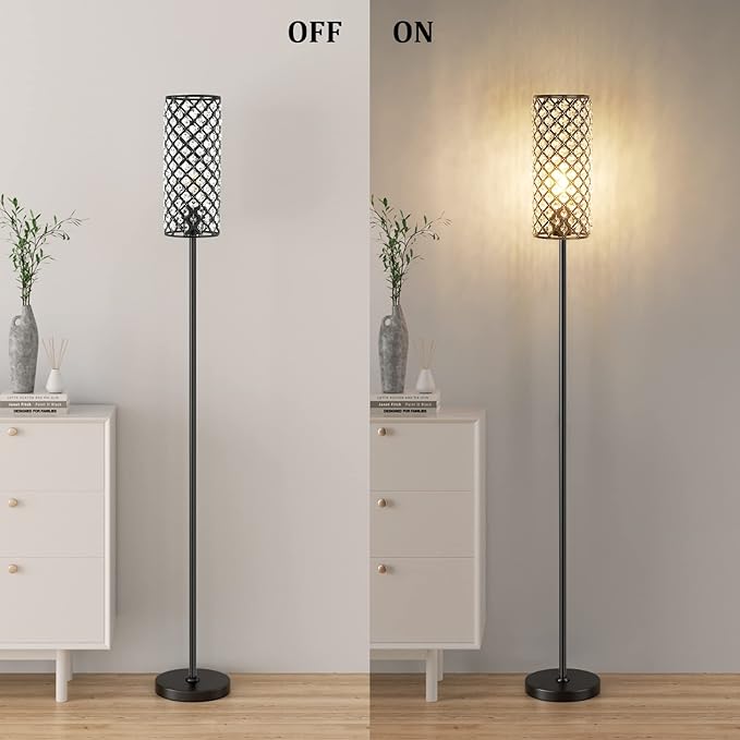 Acaxin Crystal Floor Lamp for Bedroom Black, Living Room Floor Lamps with Bulb, Modern Tall Lamp for Bedroom, Glam Standing Light for Girls Bedroom, Minimalism Pole Corner Lamp for Office, Dorm Hotel - LeafyLoom