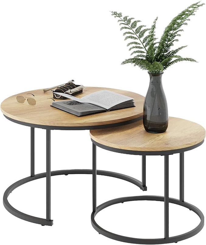 Nesting Coffee Table Set of 2, 27.6" Round Coffee Table Wood Grain Top with Adjustable Non-Slip Feet, Industrial End Table Side Tables for Living Room Bedroom Balcony Yard - LeafyLoom