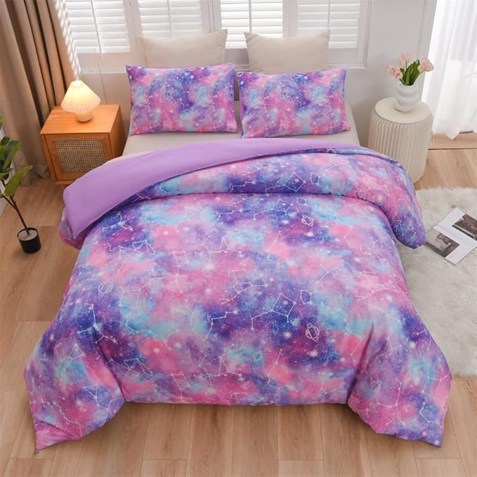 Holawakaka Tie Dye Constellation Print Ombre Comforter Set Full Size Girls Boys Gradient Galaxy Bedding Set (Purple,Full) - LeafyLoom