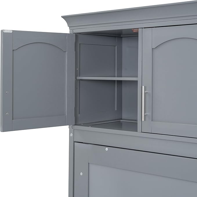 Merax Modern Farmhouse Solid Wood Murphy Cabinet Bed with Top Cabinets, Tall Wall Platform Bed No Box Spring Needed/Easy Assemble Queen,Gray - LeafyLoom