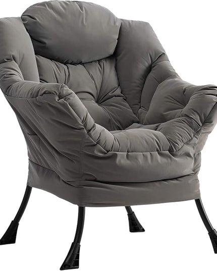 AcozyHom Modern Fabric Large Lazy Chair, Accent Oversized Comfy Reading Chair, Thick Padded Cozy Lounge Chair with Armrest, Steel Frame Leisure Sofa Chair for Living Room, Bedroom, Dorm, Grey - LeafyLoom