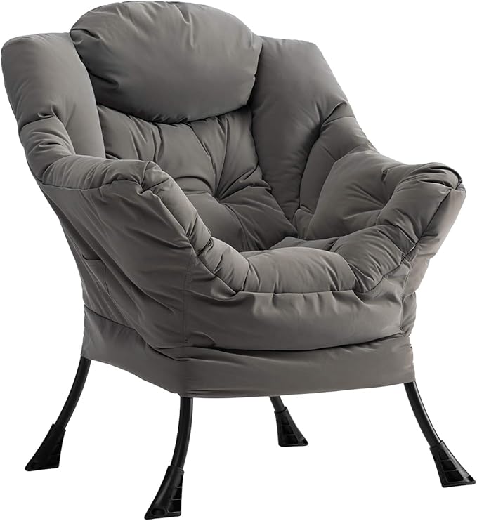AcozyHom Modern Fabric Large Lazy Chair, Accent Oversized Comfy Reading Chair, Thick Padded Cozy Lounge Chair with Armrest, Steel Frame Leisure Sofa Chair for Living Room, Bedroom, Dorm, Grey - LeafyLoom