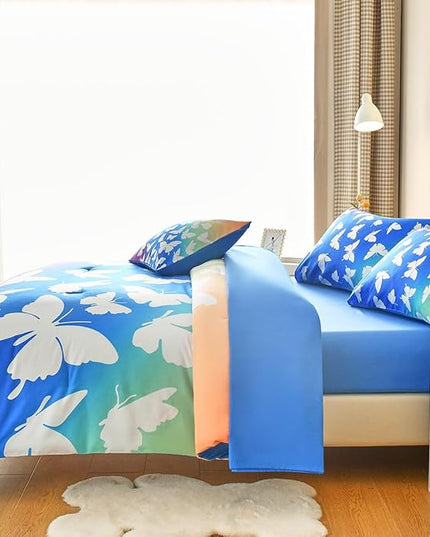 Butterfly Bedding Set Full, Blue Butterfly Comforter Set for Girls Kids Teens 6 pcs Bed in a Bag Full Bedding Sets for Girls - LeafyLoom