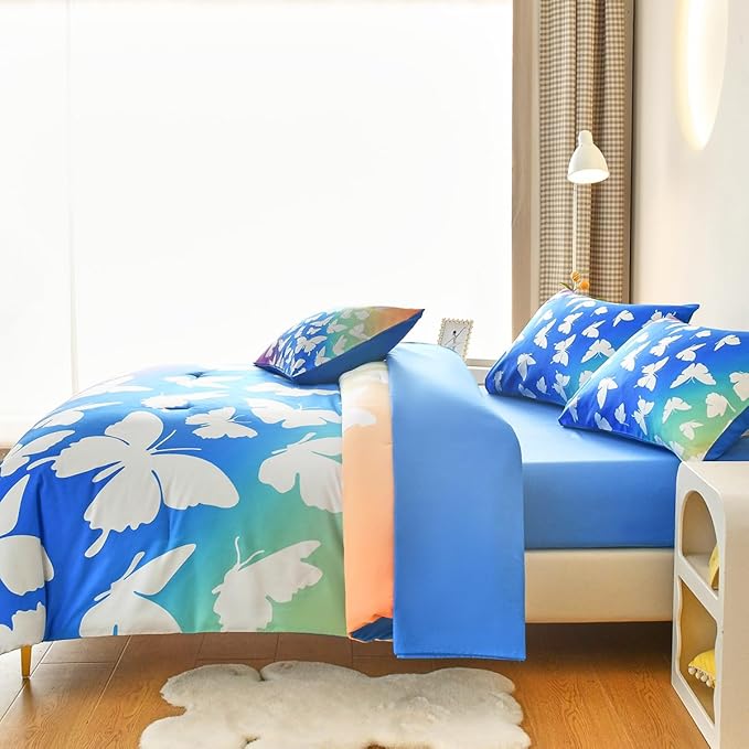 Butterfly Bedding Set Full, Blue Butterfly Comforter Set for Girls Kids Teens 6 pcs Bed in a Bag Full Bedding Sets for Girls - LeafyLoom