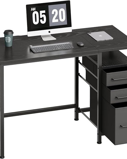 Ｍａｉｈａｉｌ Maihail Small Desk with Drawers, 40 inch Computer Desk with Shelves, Writing Desk with Storage, Small Office Desk with Metal Frame, Black - LeafyLoom