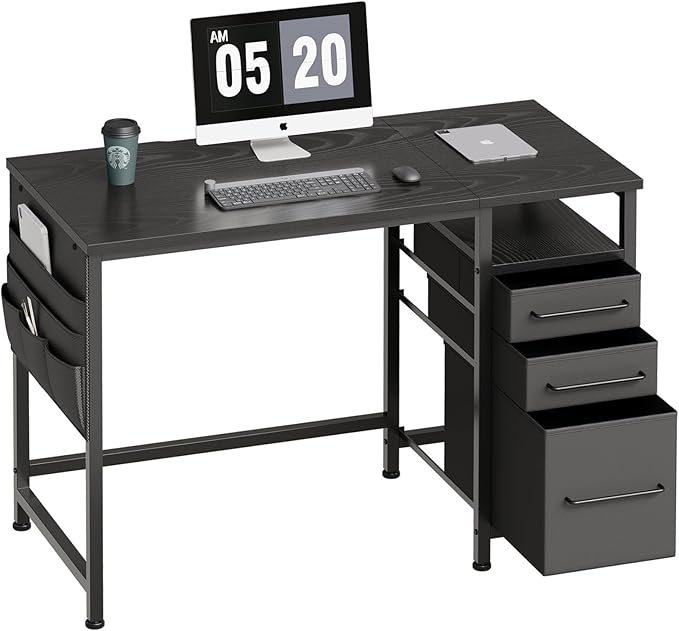Ｍａｉｈａｉｌ Maihail Small Desk with Drawers, 40 inch Computer Desk with Shelves, Writing Desk with Storage, Small Office Desk with Metal Frame, Black - LeafyLoom
