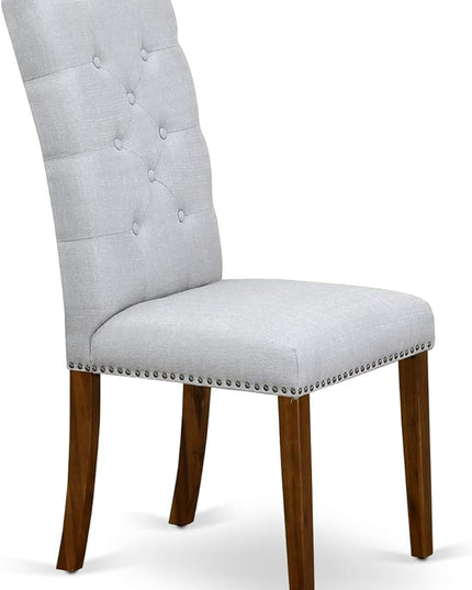 East West Furniture Antique 3 Piece Room Furniture Set Contains a Round Kitchen Table with Pedestal and 2 Grey Linen Fabric Parsons Dining Chairs, 36x36 Inch, Walnut - LeafyLoom