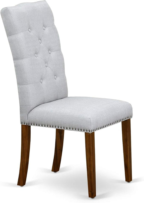 East West Furniture Antique 3 Piece Room Furniture Set Contains a Round Kitchen Table with Pedestal and 2 Grey Linen Fabric Parsons Dining Chairs, 36x36 Inch, Walnut - LeafyLoom