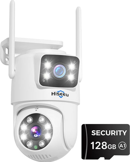 Hiseeu Wireless Security Camera Dual Lens PTZ Outdoor with 128GB SD Card, 2K WiFi-Pro 5G/ 2.4Ghz Surveillance Cameras, Color Night Version, Plug-in Cable, Works with Wireless System Hiseeu